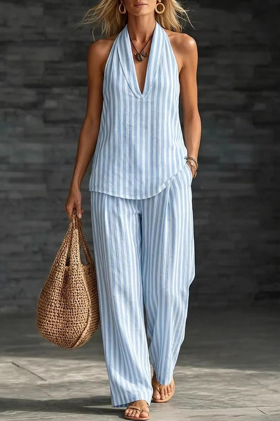Striped Wide-leg Pants Womens Fashionable Two-piece Set 