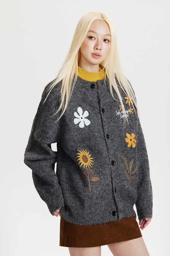 Retro Preppy Style Floral Embroidery Cardigan Sweater 