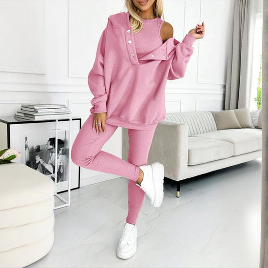 Women's Solid Color 3-Piece Set Sleeveless Vest & Hooded Button Placket Long Sleeve Sweatshirt & Slim Fit Pants Sporty Casual Outfit CJ US