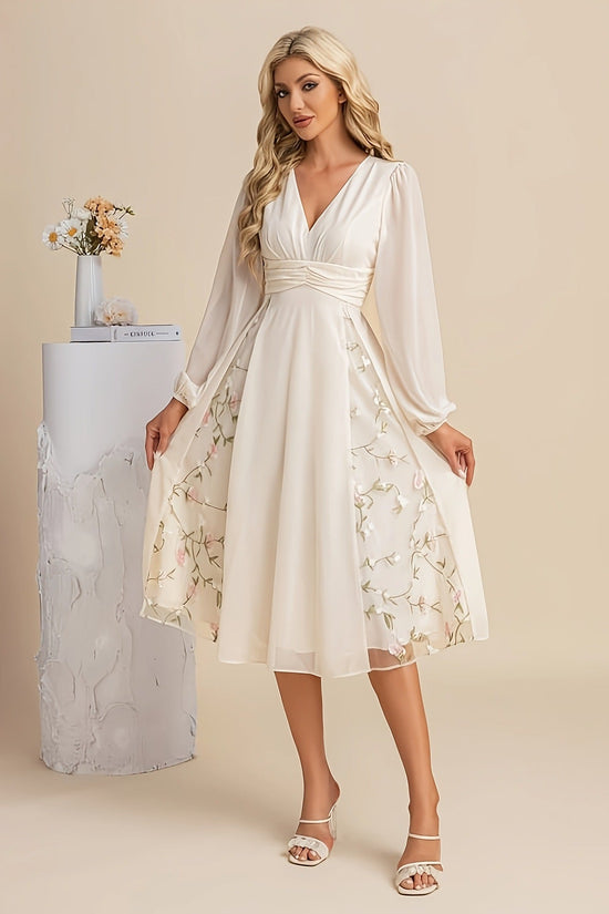 Floral Long-Sleeve V-Neck Pleated Dress For Women 