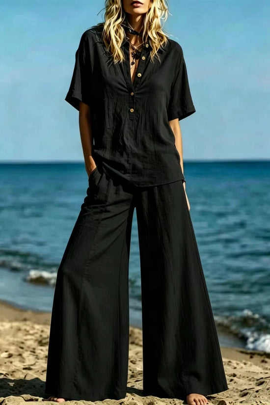 Button-down Shirt And Wide-leg Pants Two-piece Set For Women 