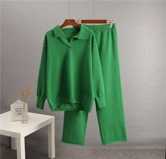 European And American-style Solid-color Lapel Sweater Set For Women, FallWinter 