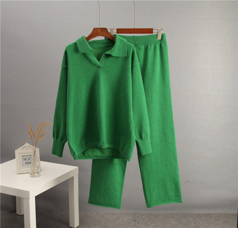 European And American-style Solid-color Lapel Sweater Set For Women, FallWinter 