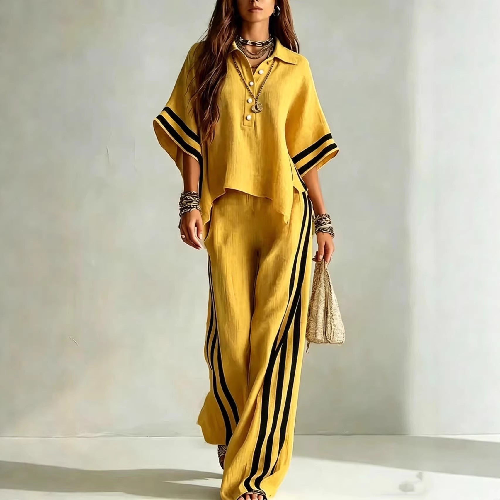 Womens Clothing Short-Sleeve Shirt And Loose Pants Two-Piece Set 