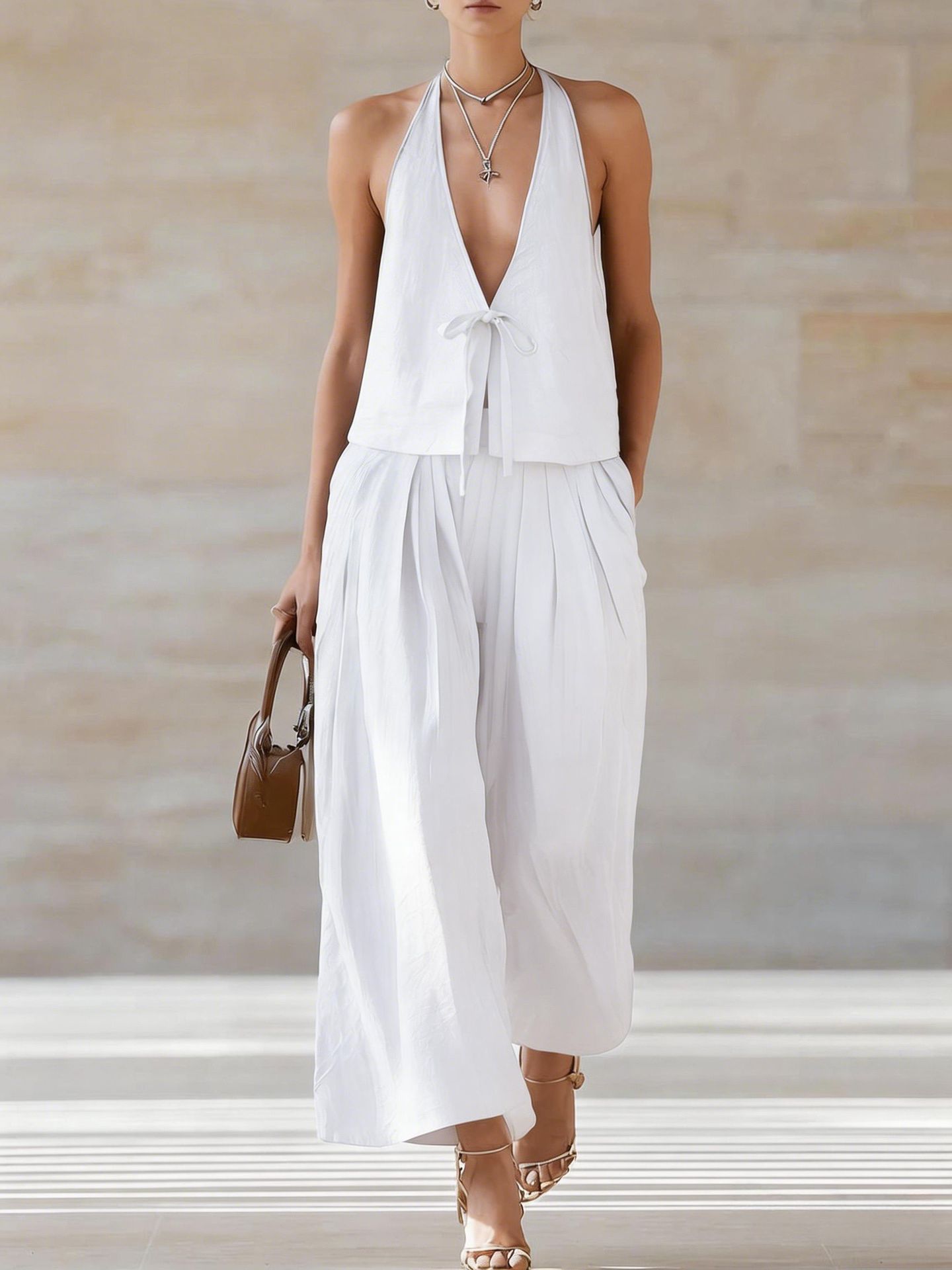 Fashionable Casual Sleeveless Vest And Loose Wide-Leg Pants Womens Set 