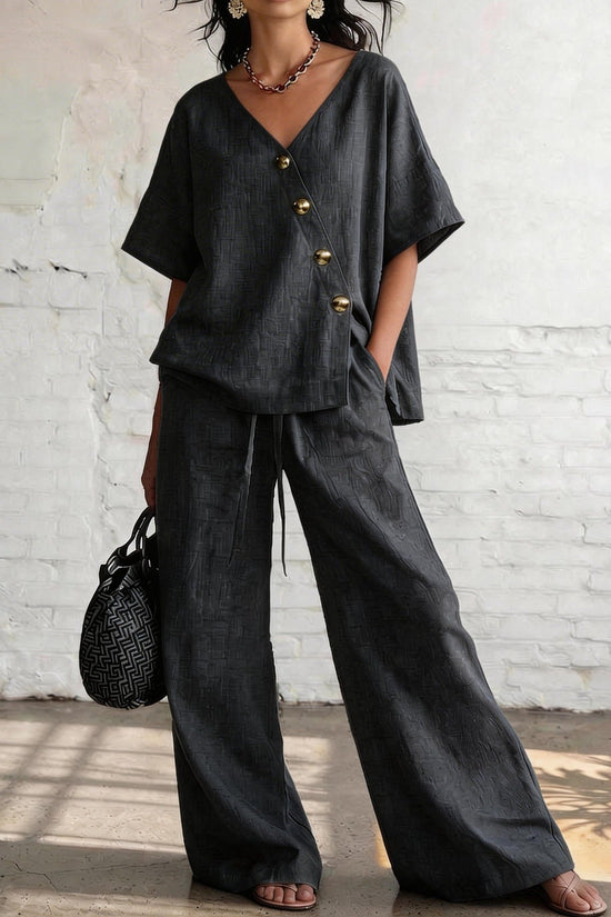 Casual Vacation Loose Cotton-Linen V-Neck Wide-Leg Pants Two-Piece Set 