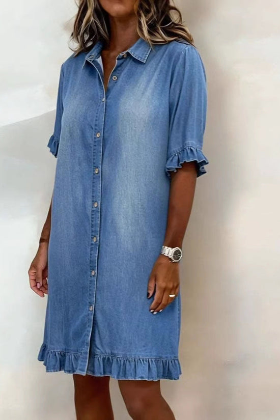 Solid-color Faux Denim Ruffled-edge Shirt Dress 