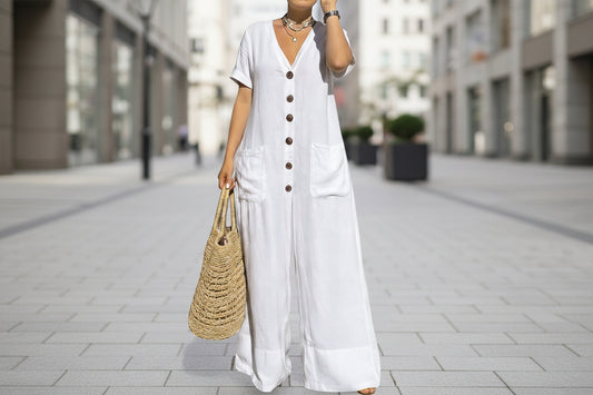 Women's Casual Loose V-Neck Button Jumpsuit 