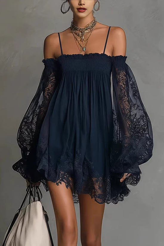 Long-sleeve Slip Dress In Solid Color With A Stretchy Boat Neck And Lace Detailing 