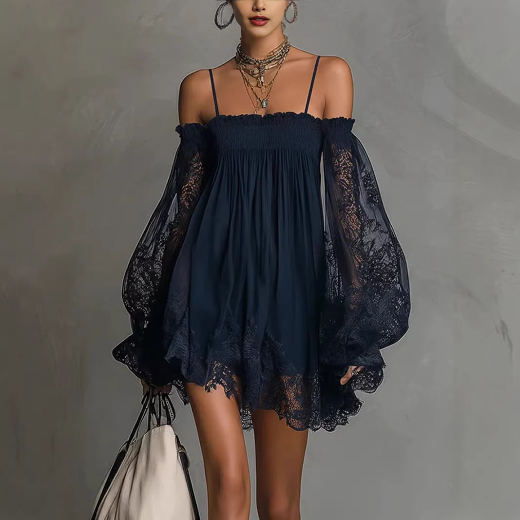 Long-sleeve Slip Dress In Solid Color With A Stretchy Boat Neck And Lace Detailing 