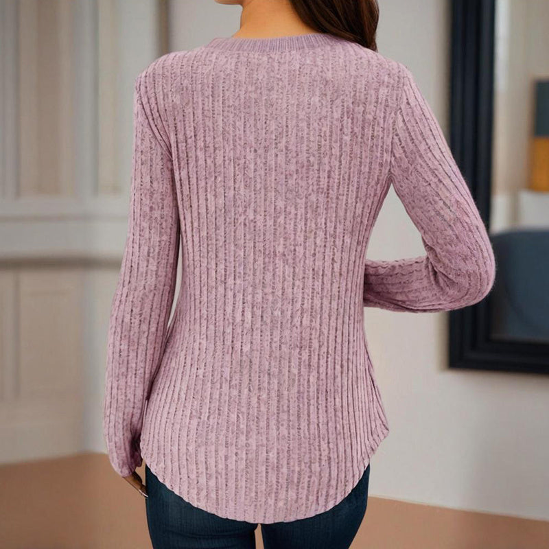 Women's Solid Color Button V-Neck Long Sleeve Knit Top - Casual Comfort Blouse For Spring&Fall CJ US