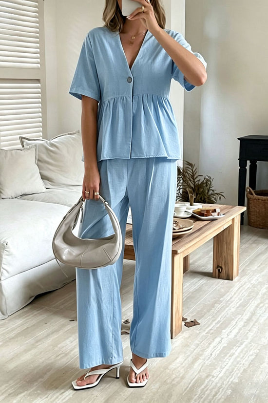 V-neck Loose-fit Short-sleeve Top And Wide-leg Pants Two-piece Set 