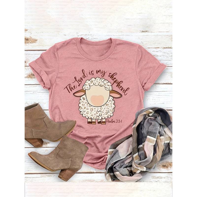 Women's Round Neck Graphic Print Short Sleeve T-Shirt Cute Sheep & Food Quote Design Summer Top CJ