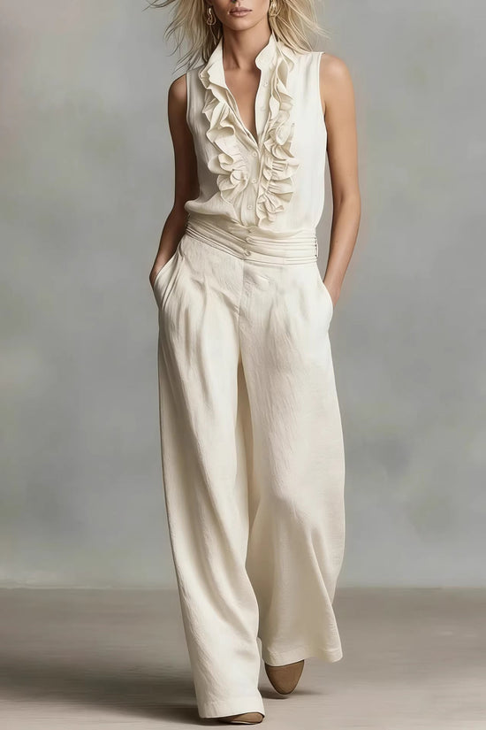 Linen-blend Sleeveless Shirt And Wide-leg Pants Set 