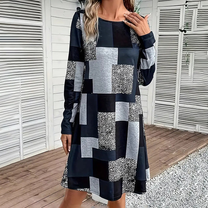 Women's Round Neck Long Sleeve Dress - Digital Print Casual Elegant Spring & Fall Dress CJ US