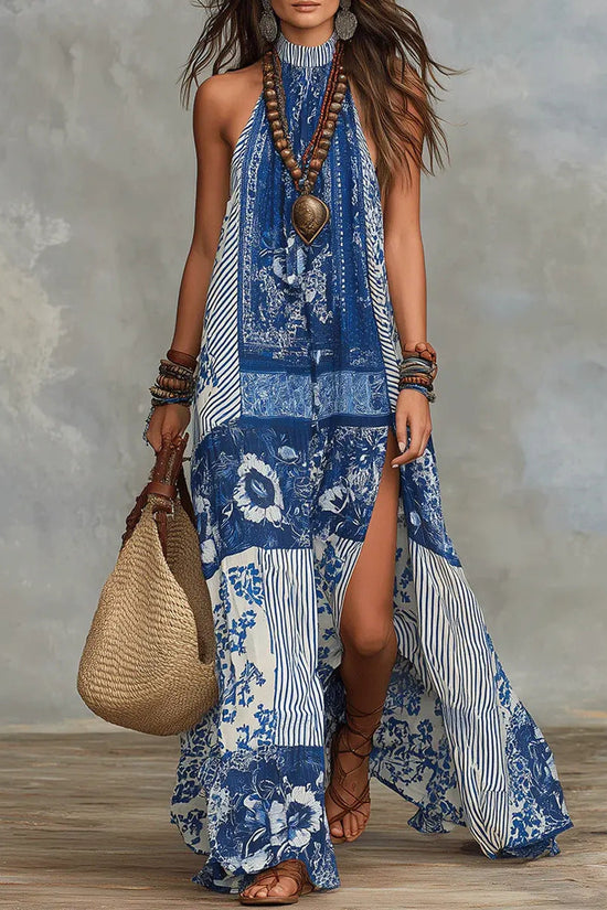 Loose-fit Printed Halterneck Split Dress 