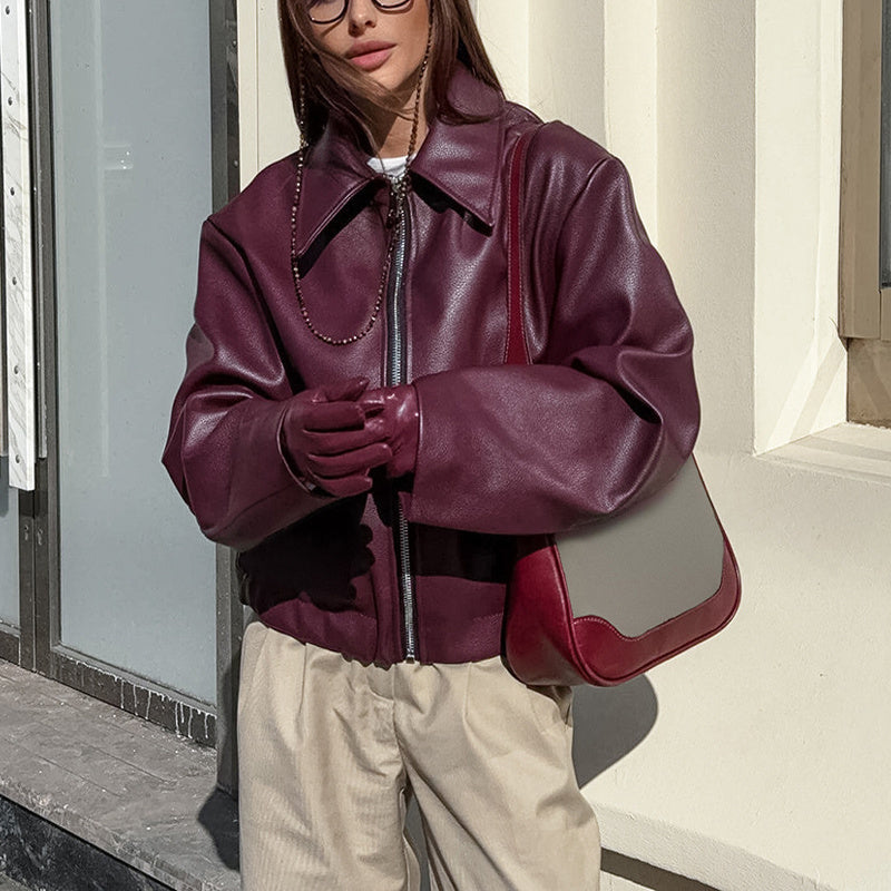 Vintage Style Women's Solid Color Faux Leather Jacket, Zip-Up Biker Jacket With Lapel Collar Casual Coat CJ US