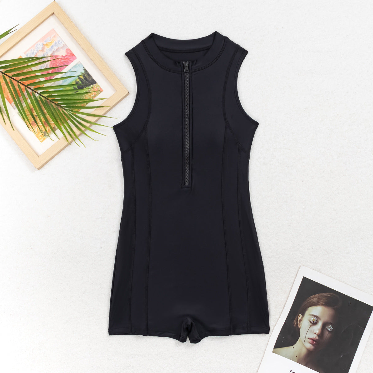 Womens Conservative Solid-Color Zip-Up Sleeveless Tank Top Athletic Jumpsuit 