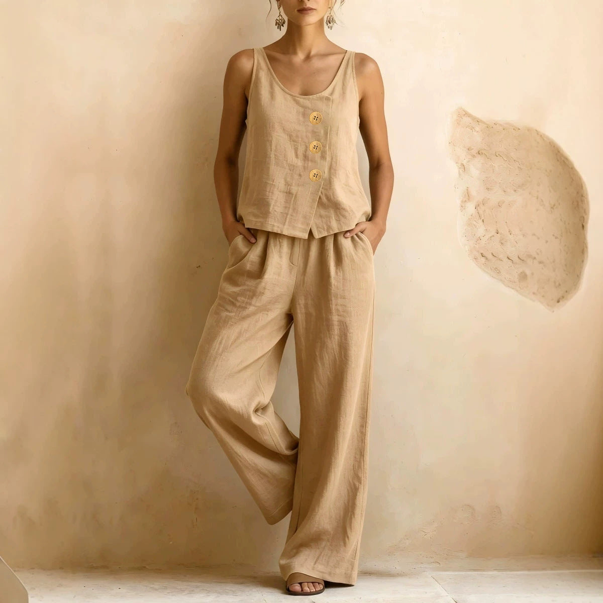Women's Cotton Linen Sleeveless Tank Top & Pants Two-Piece Set 