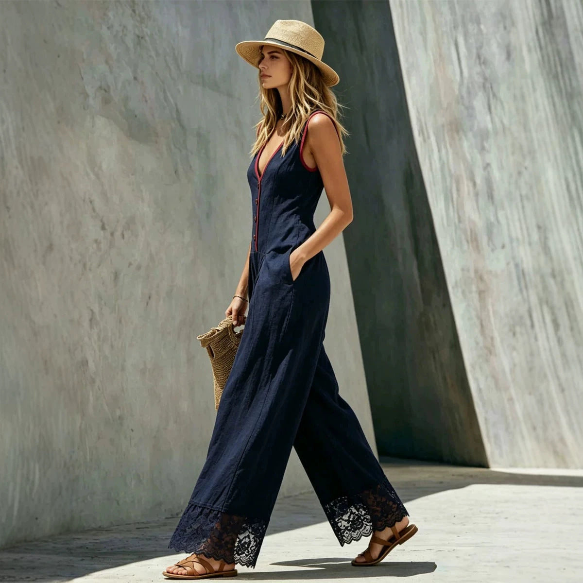 Womens Solid-Colored Jumpsuit With Spliced Lace And Pockets Long Pants 