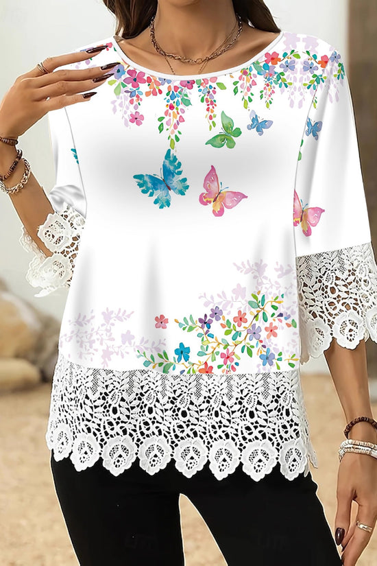 Lace-printed Three-quarter-sleeve T-shirt Top For Women 