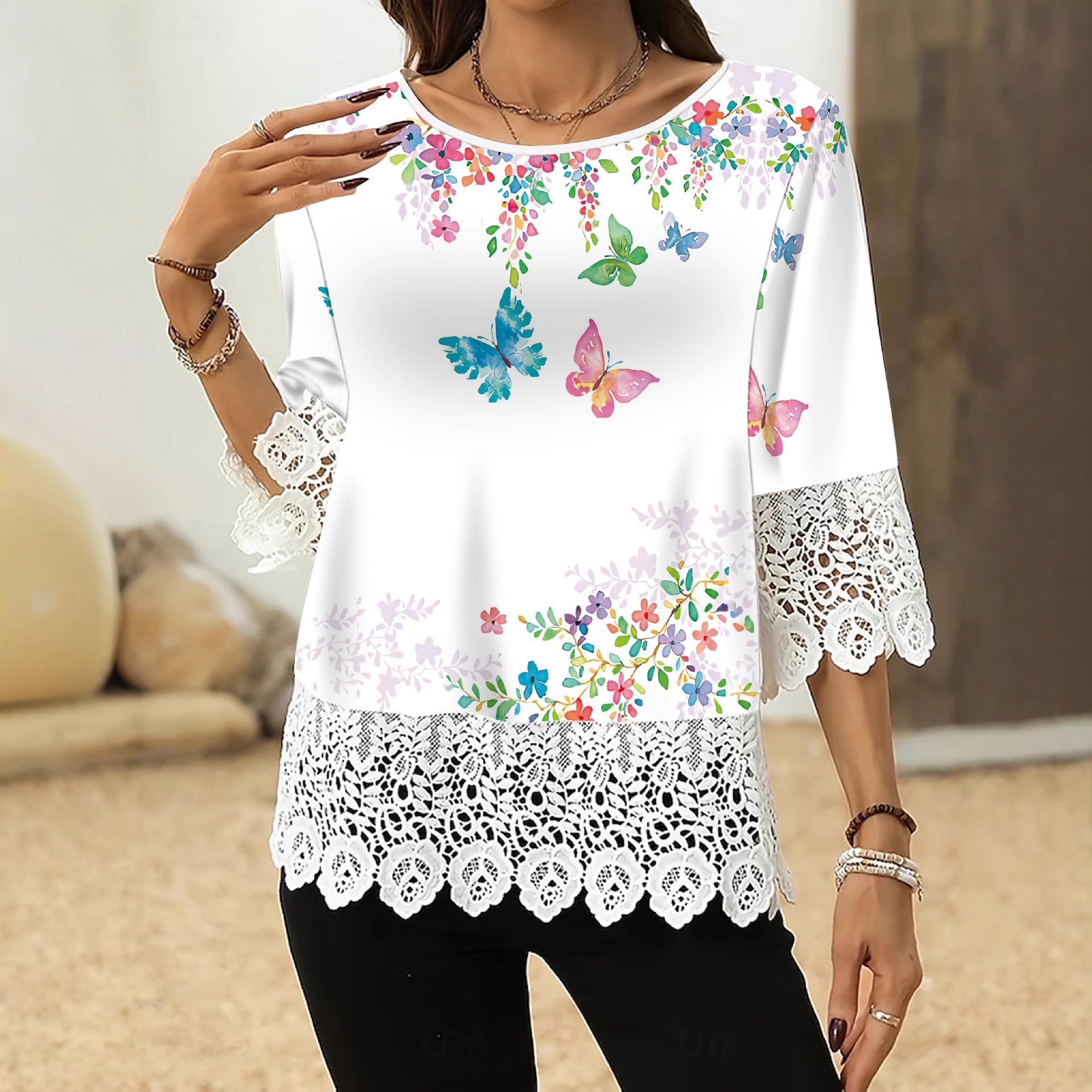 Lace-printed Three-quarter-sleeve T-shirt Top For Women 
