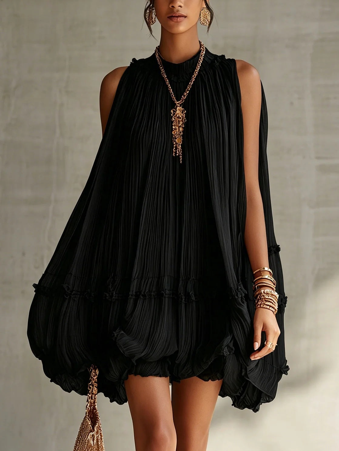 Sleeveless Pleated Mini Dress for Women, Loose A-Line Skirt with Ruffled Hem, Gathered Pleats, Casual Vacation Style, Flared Silhouette, Sweet Baby Doll Dress 
