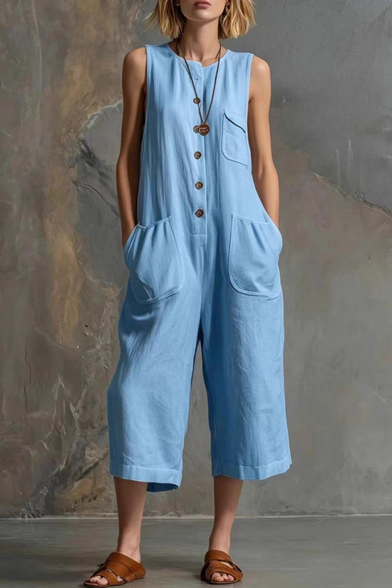 Retro Sleeveless Cotton-Linen Wide-Leg Cropped Jumpsuit 