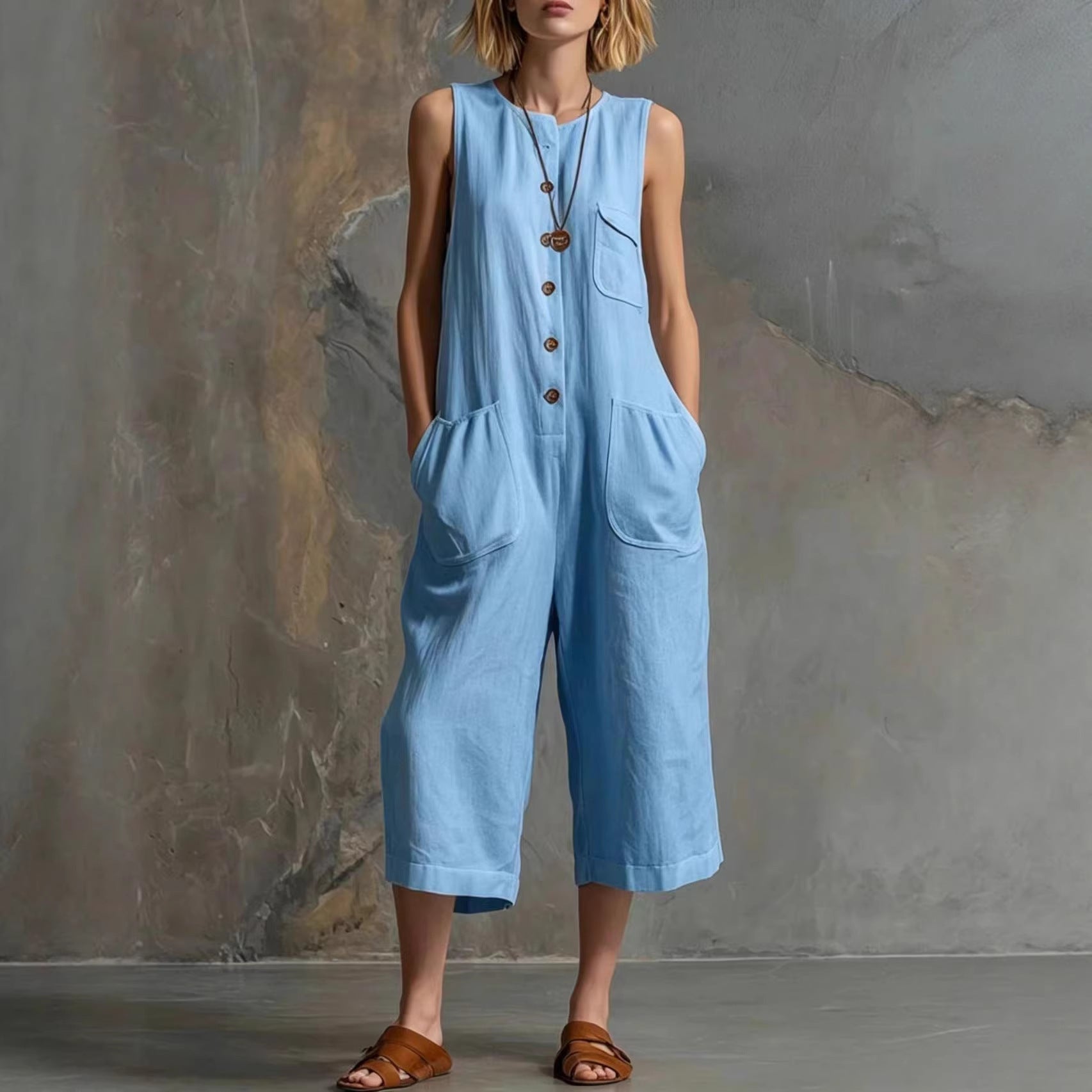 Retro Sleeveless Cotton-Linen Wide-Leg Cropped Jumpsuit 