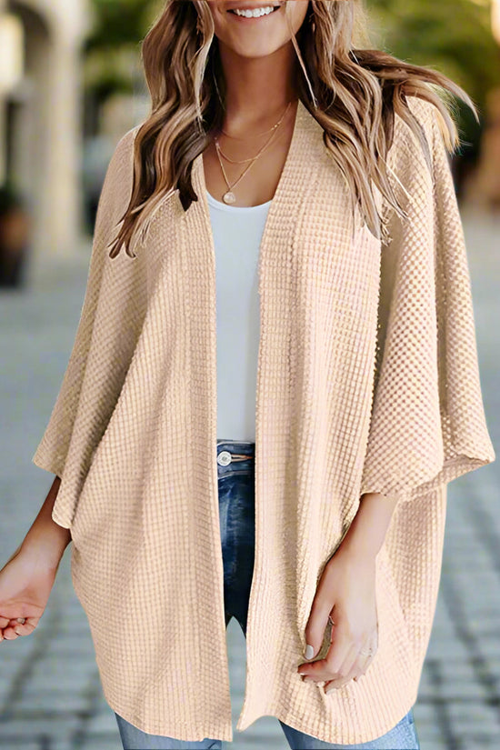 Women’s Bat Sleeve Knit Cardigan – Waffle Texture Open Front Sweater CJ US