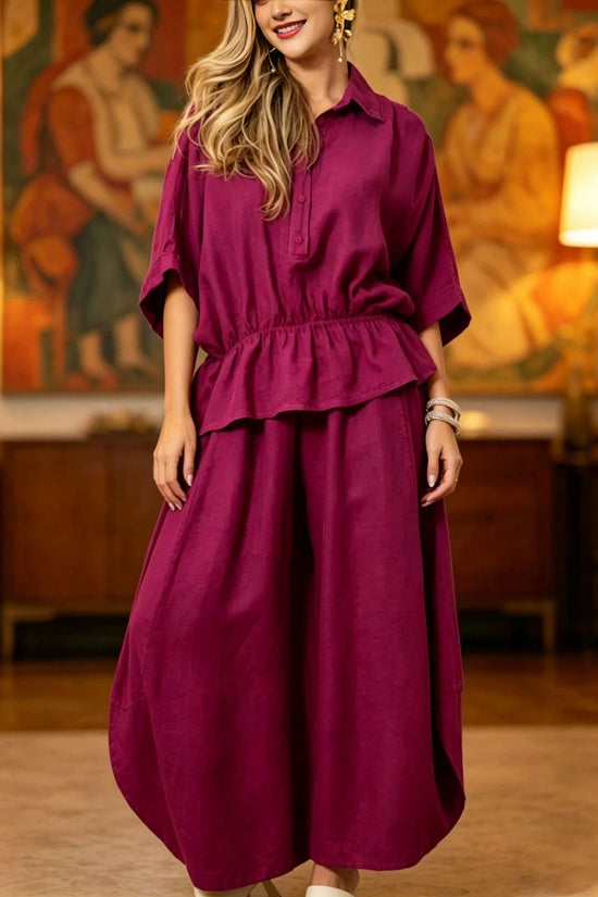 Plus-size Womens Loose Casual Belted Shirt And Wide-leg Pants Set 