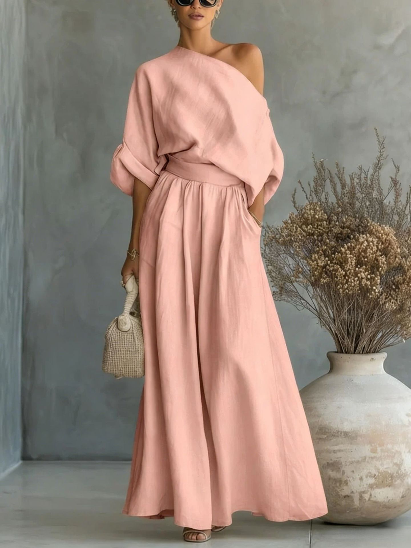 Cropped Off-shoulder Top And Pants Two-piece Set 