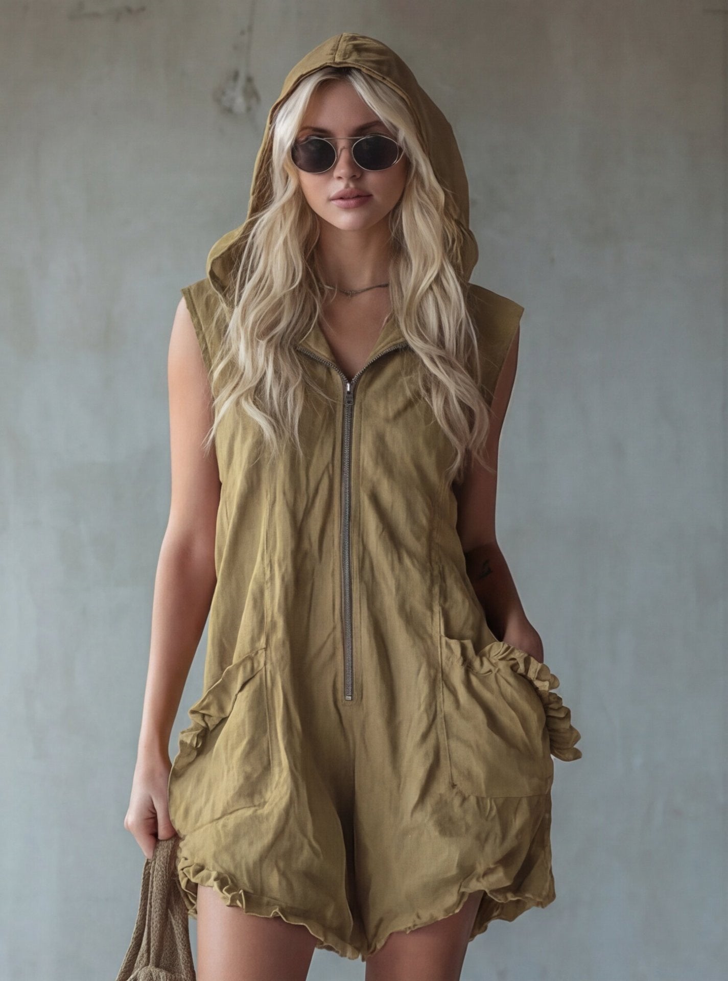Retro-style Hooded Zip-up Sleeveless Cropped Cotton-linen Jumpsuit 