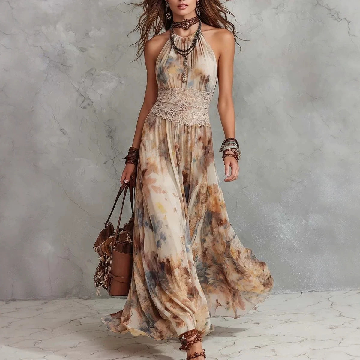 French Vintage Painted Floral Backless Strapless Summer Beach Vacation Long Dress 