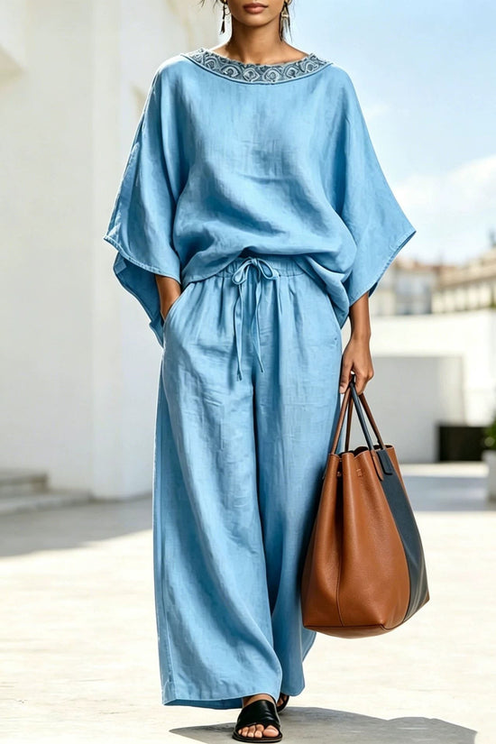 Fashion Casual Solid Color Lace Round Neck Loose Short Sleeve Pants Two-Piece Set 