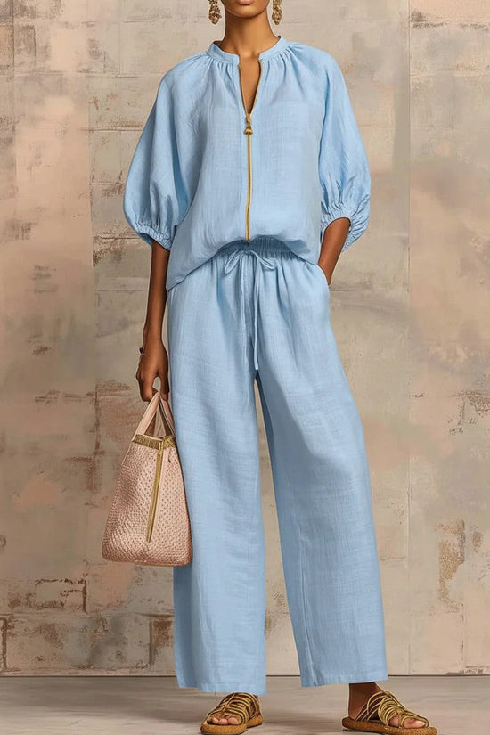 Summer Women's Casual Loose Solid Color Zipper Round Neck Wide Leg Pants Set 