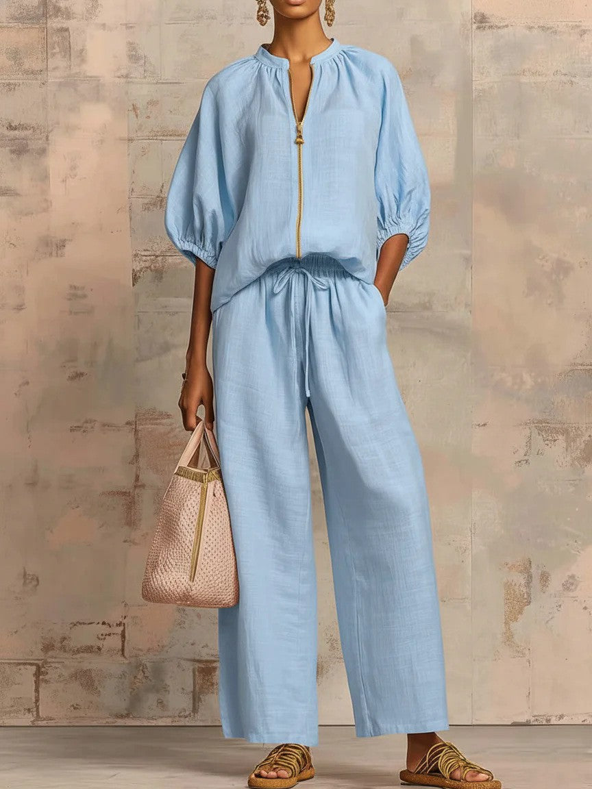 Summer Women's Casual Loose Solid Color Zipper Round Neck Wide Leg Pants Set 