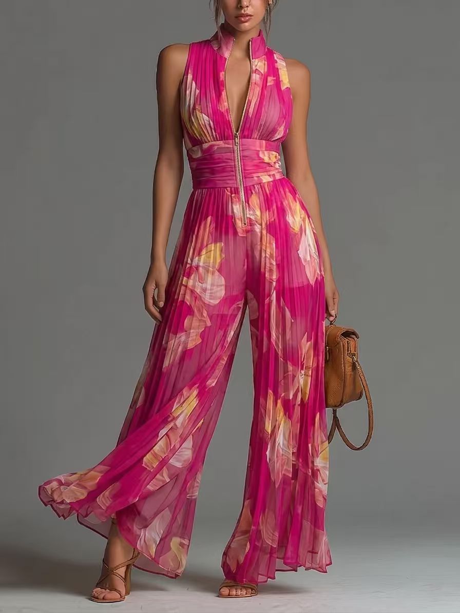 White Pleated Strap Neck Jumpsuit for Women, Long Wide Leg Fashion Sexy Folded Design 