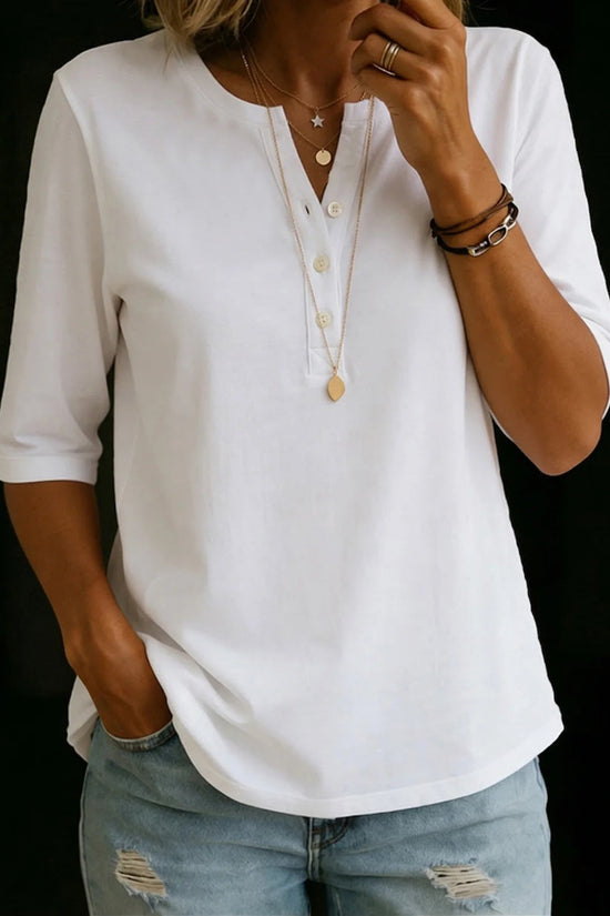 Classic Henley Neck Style Spring Summer New Women's Solid Color Button-Up Top 