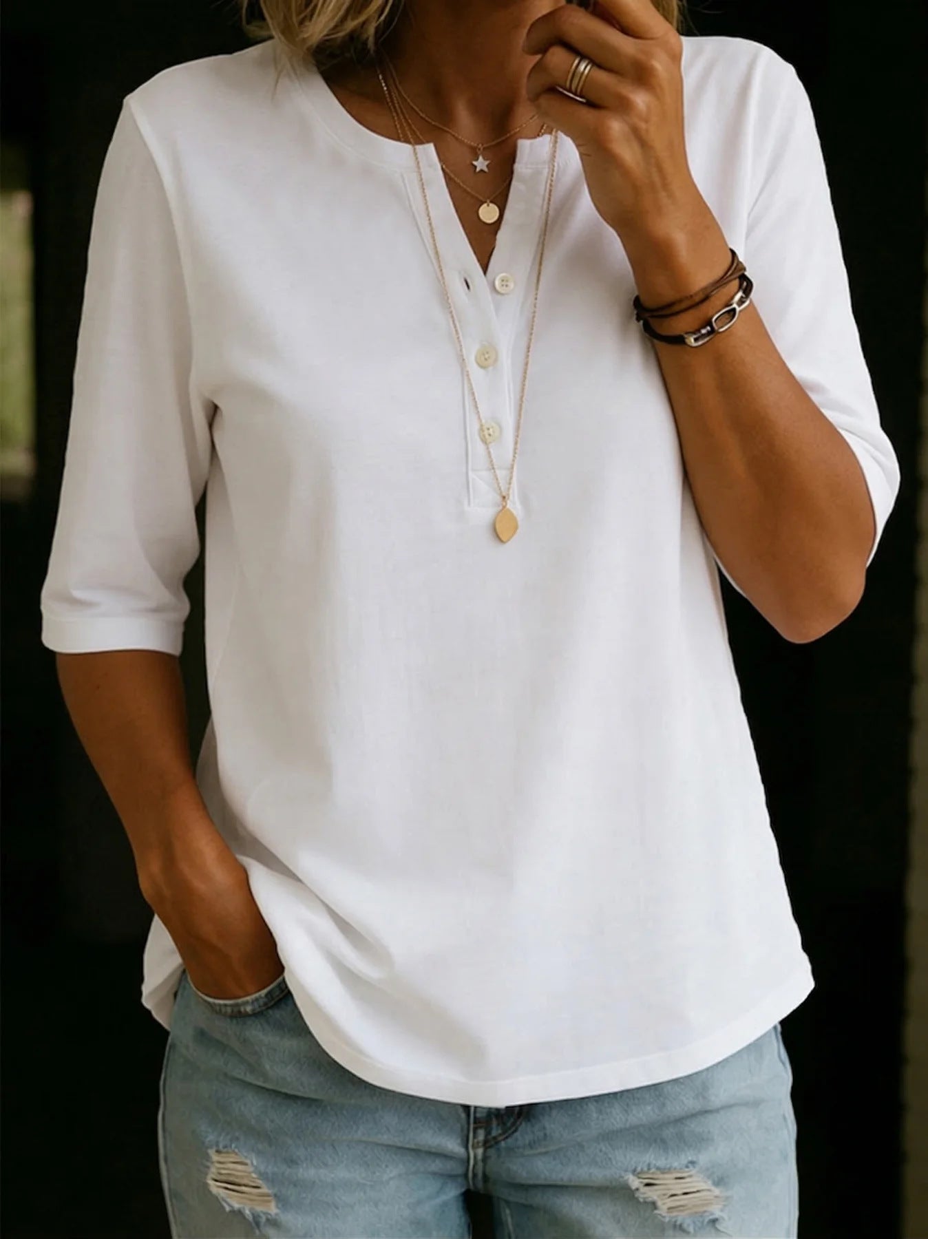 Classic Henley Neck Style Spring Summer New Women's Solid Color Button-Up Top 