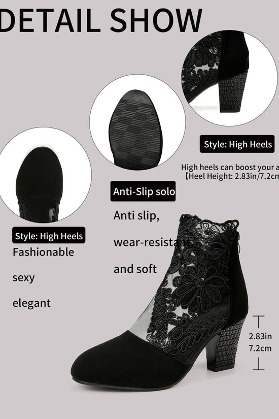 CBlack Lace Embroidered Mesh Ankle Boots, Chunky Rhinestone High-heeled Ankle Boots, Suede Patchwork Sexy Hollow-out Women's Boots, Versatile For Dating And Commuting, Exuding Elegant Femininity, Uniq 