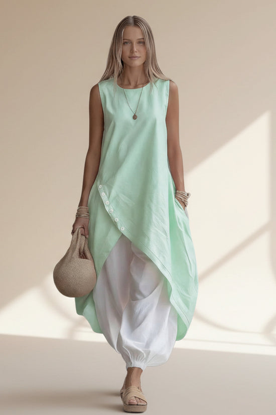 Solid-color Sleeveless Loose-fit Dress With Patch Pockets 