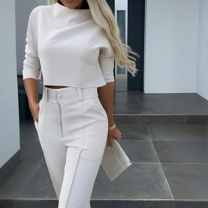 Women's Elegant Solid Color Half Sleeve Short Top With Straight Leg Pants Two-Piece Office Wear Suit With Pockets CJ US