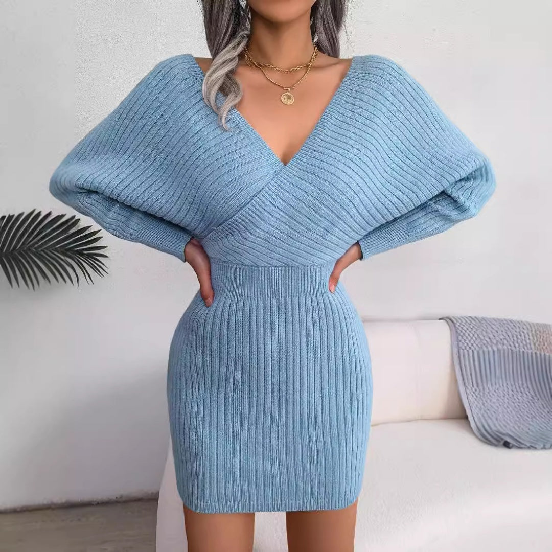 2025 Autumn-Winter Sexy Cross V-neck Bat Skirt With Hip Wrapping, Hairy Dress CJ US