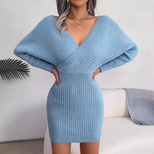 2025 Autumn-Winter Sexy Cross V-neck Bat Skirt With Hip Wrapping, Hairy Dress CJ US