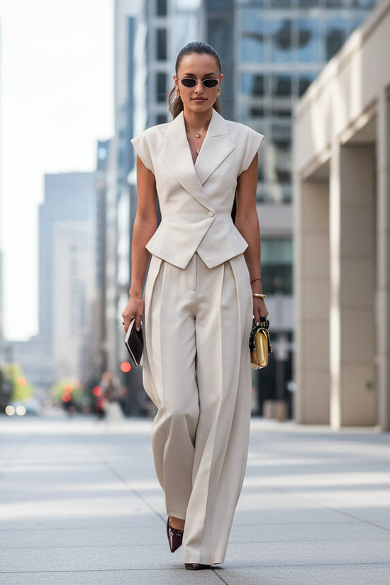 Beige Elegant Sleeveless Waist-Cinching Suit Set 