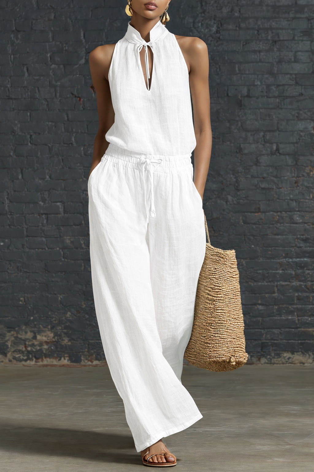 Urban-style Cotton And Linen Top And Wide-leg Pants Set 