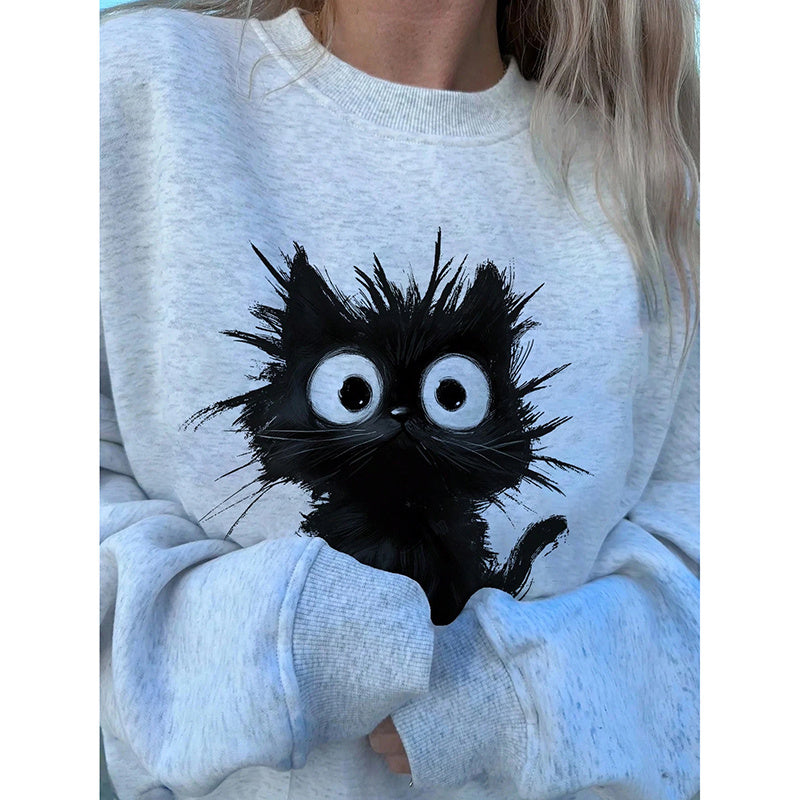 Women's Cute Kitten Graphic Sweatshirt, Fluffy Cat Letter Print Hoodie, Long Sleeve Crewneck Pullover Top CJ US