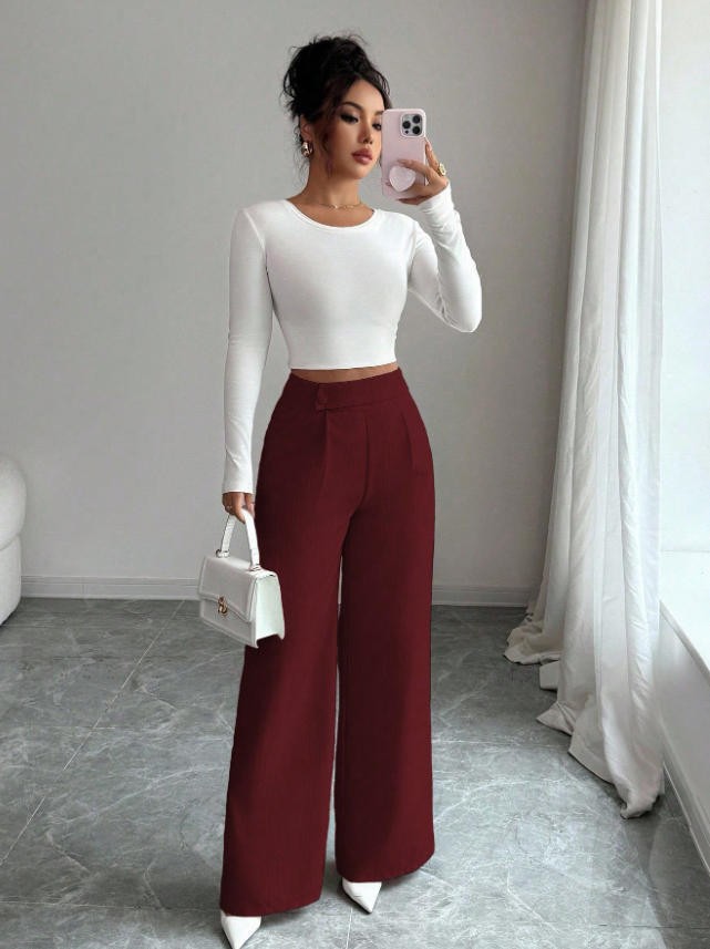 Womens Solid-color Casual All-match Long Pants With A Waist Panel Seam 