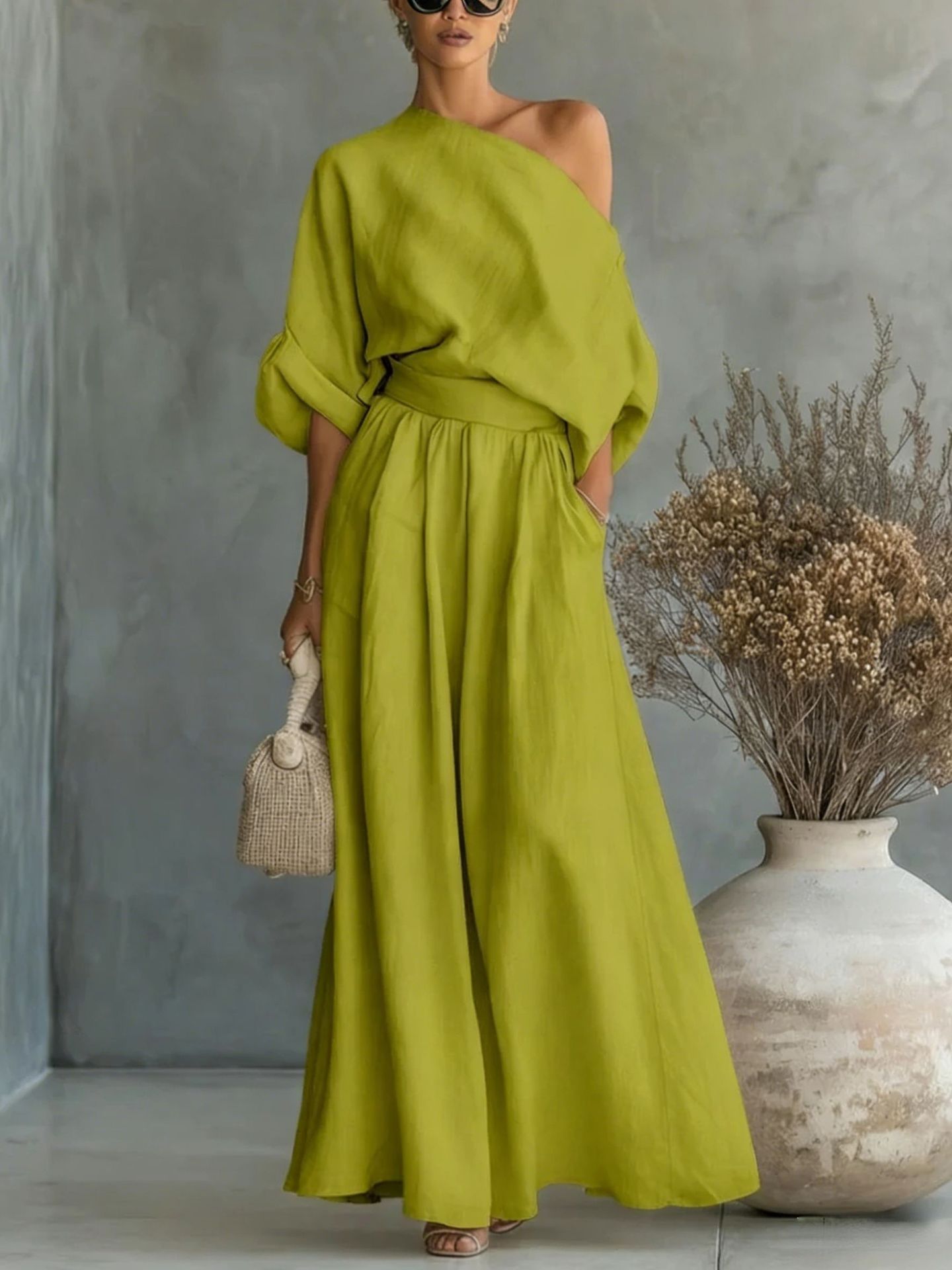 Cropped Off-shoulder Top And Pants Two-piece Set 